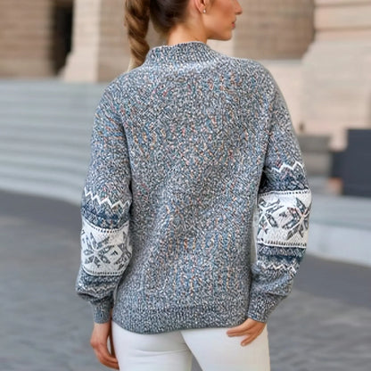 Women’s Nordic Snowflake Knit Sweater – High-Neck Pullover with Fair Isle Pattern