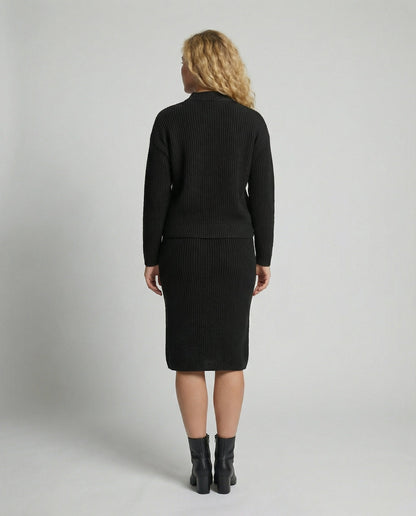 Women’s Knitted Set – Stand-Collar Jumper with Midi Skirt
