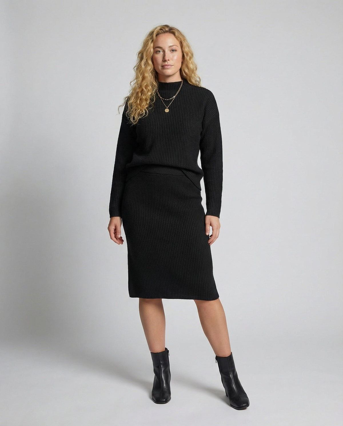Women’s Knitted Set – Stand-Collar Jumper with Midi Skirt