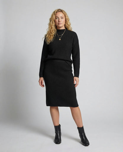 Women’s Knitted Set – Stand-Collar Jumper with Midi Skirt