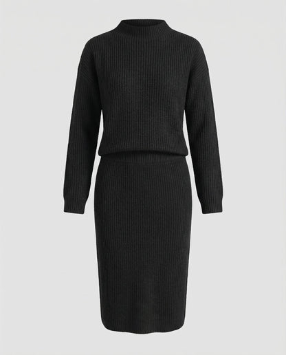 Women’s Knitted Set – Stand-Collar Jumper with Midi Skirt