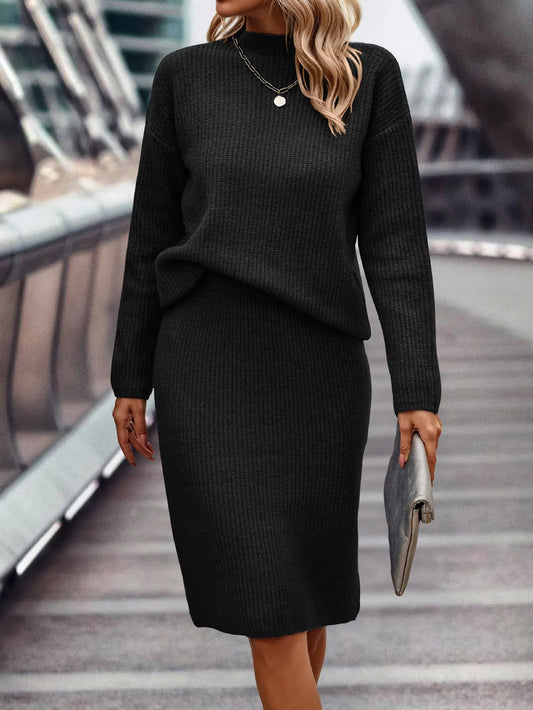 Women’s Knitted Set – Stand-Collar Jumper with Midi Skirt