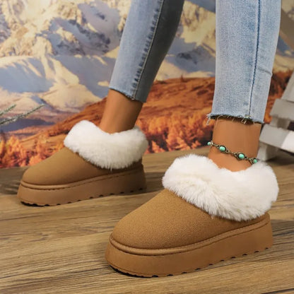 Women’s Faux-Suede Plush-Lined Snow Boots – Slip-On Anti-Slip Thick-Sole Winter Ankle Boots