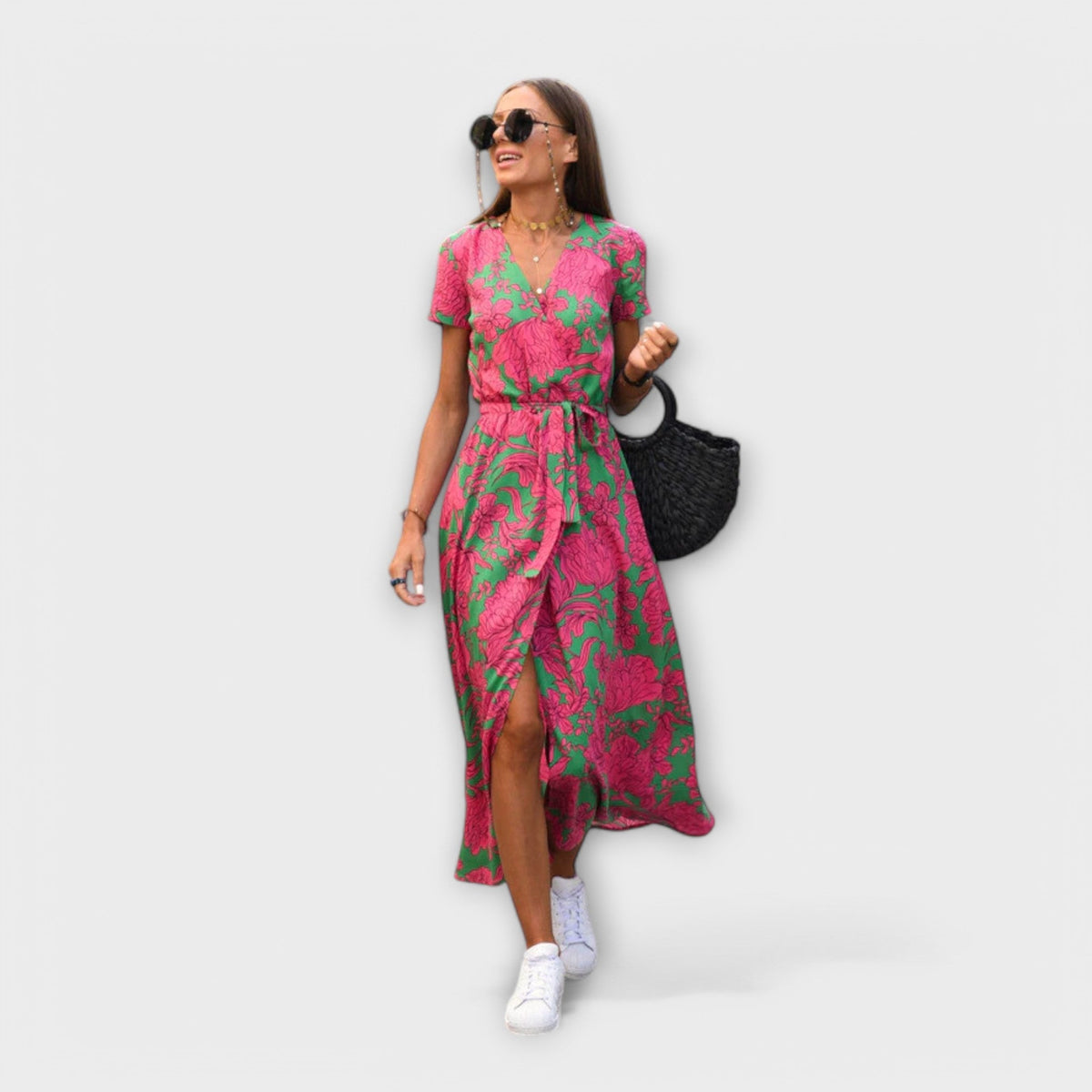 Women’s Printed Belted Maxi Dress – Relaxed V-Neck Summer Style for Travel and Day Plans