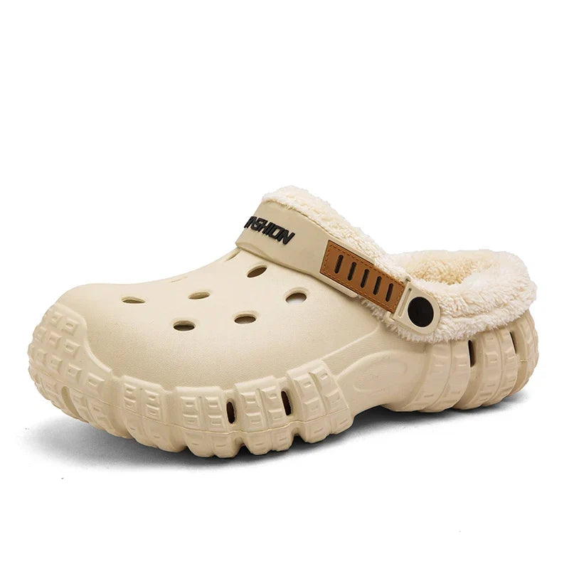 Men’s Fleece-Lined Clog Slippers – Ventilated Winter Garden Shoes with Pivoting Heel Straps