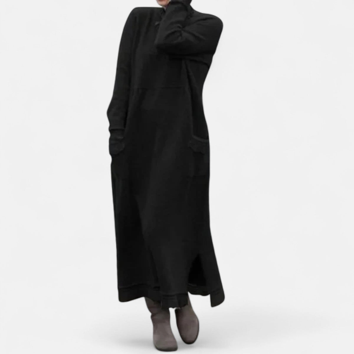 Women’s Knitted Maxi Dress – Stand-Collar Jumper Dress with Pockets