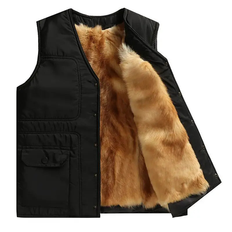 Men’s Fur-Lined Winter Bodywarmer – Warm V-Neck Sleeveless Vest with Zip and Button Closure for Cold-Weather Layering