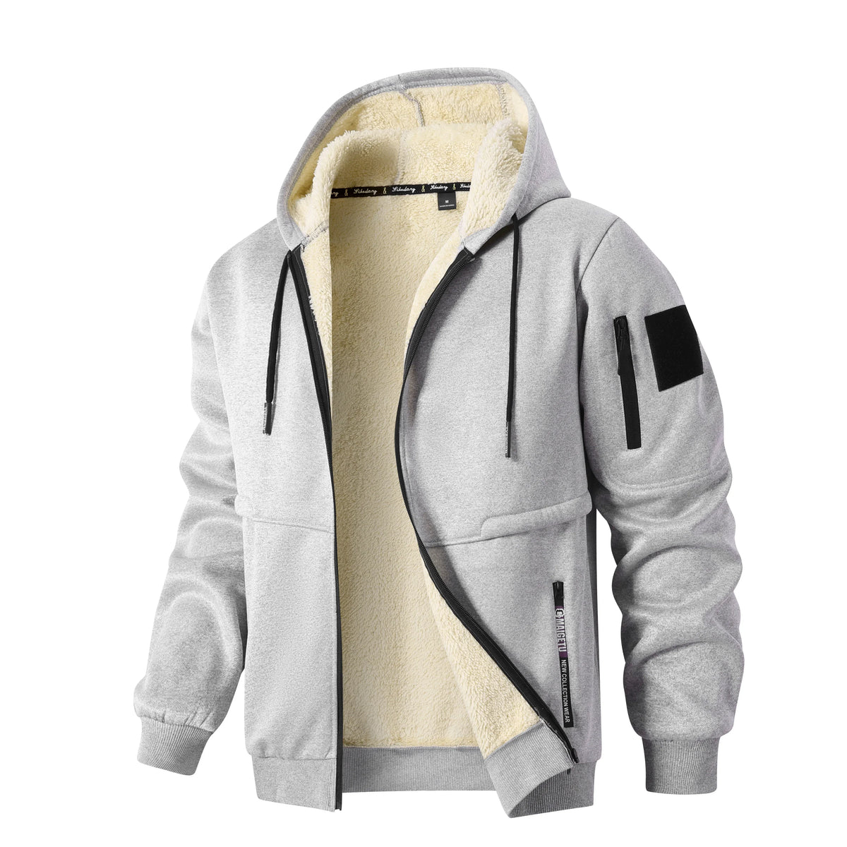 Men’s Sherpa-Lined Hooded Fleece Jacket – Thick Zip-Up Winter Outerwear with Utility Sleeve Pocket