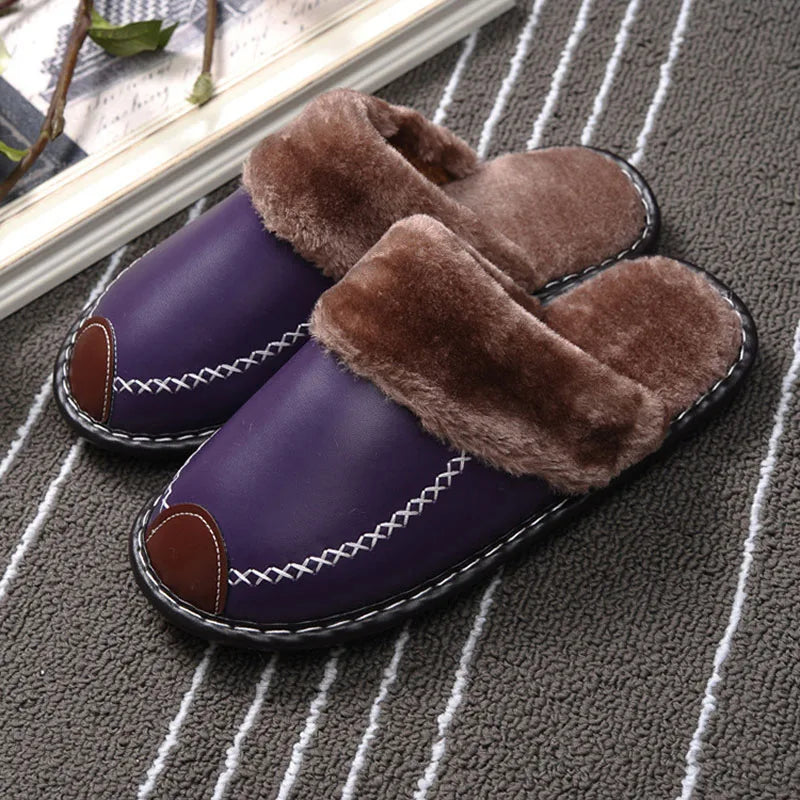 Women’s Plush-Lined Leather Winter Slippers – Warm Closed-Toe Slip-On Indoor House Shoes for Everyday Comfort