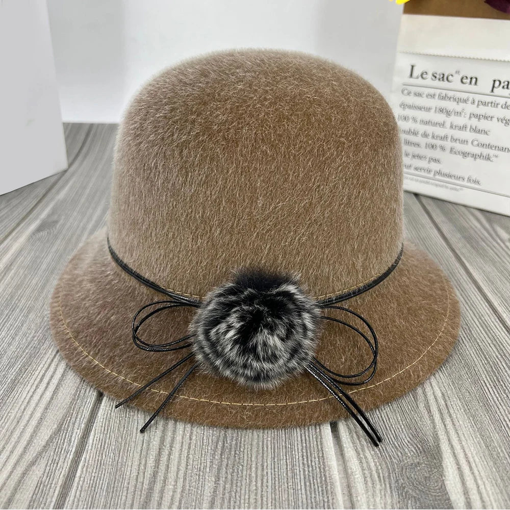 Women’s Wool-Blend Cloche Winter Hat – Vintage Dome Brim Cap with Floral Bow Detail