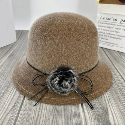 Women’s Wool-Blend Cloche Winter Hat – Vintage Dome Brim Cap with Floral Bow Detail