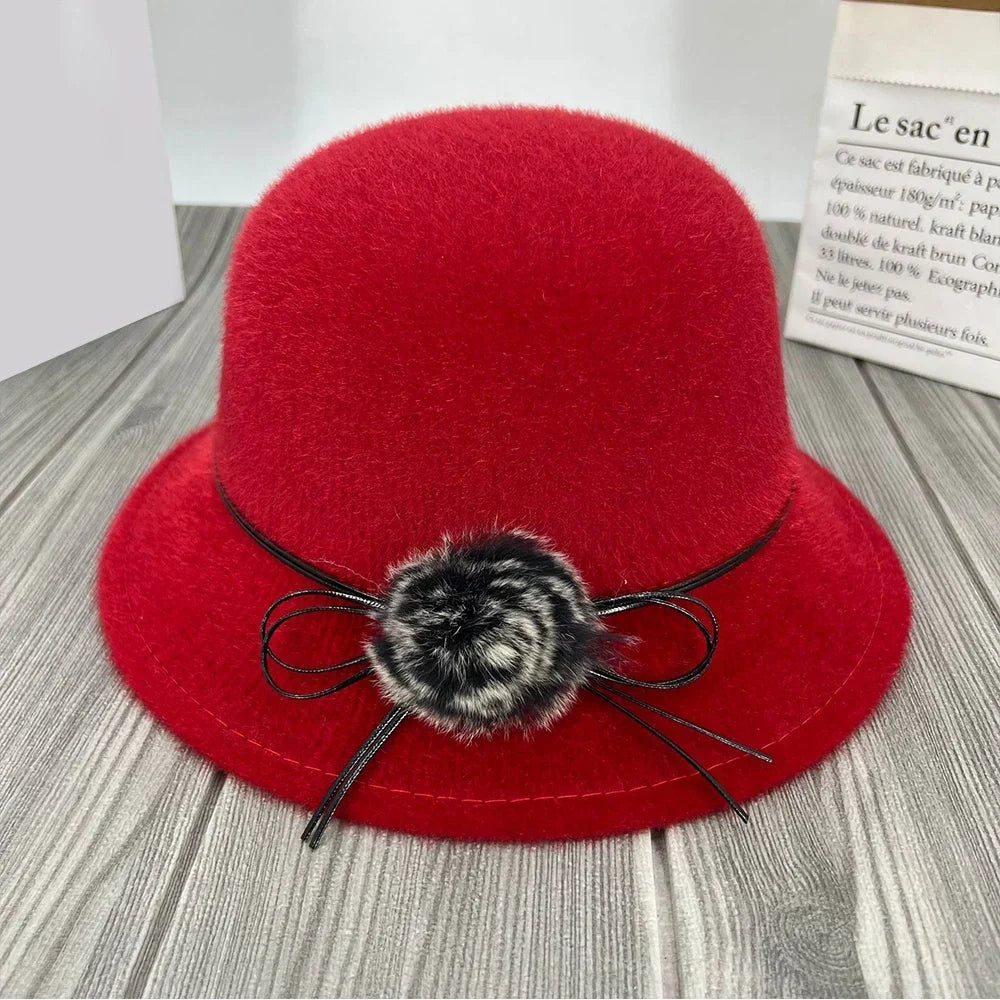 Women’s Wool-Blend Cloche Winter Hat – Vintage Dome Brim Cap with Floral Bow Detail