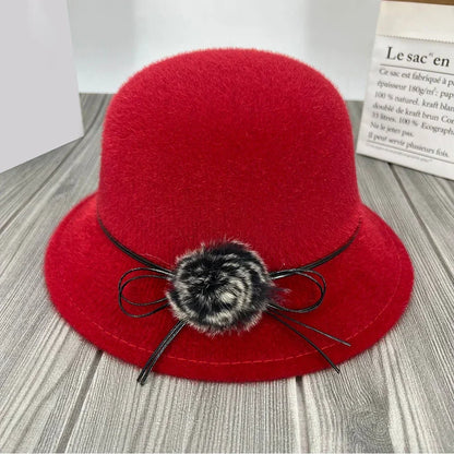 Women’s Wool-Blend Cloche Winter Hat – Vintage Dome Brim Cap with Floral Bow Detail