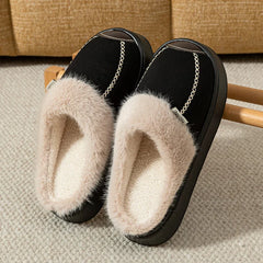 Women’s Fleece-Lined Platform Slippers – Plush-Trimmed Winter House Shoes with Contrast Stitching