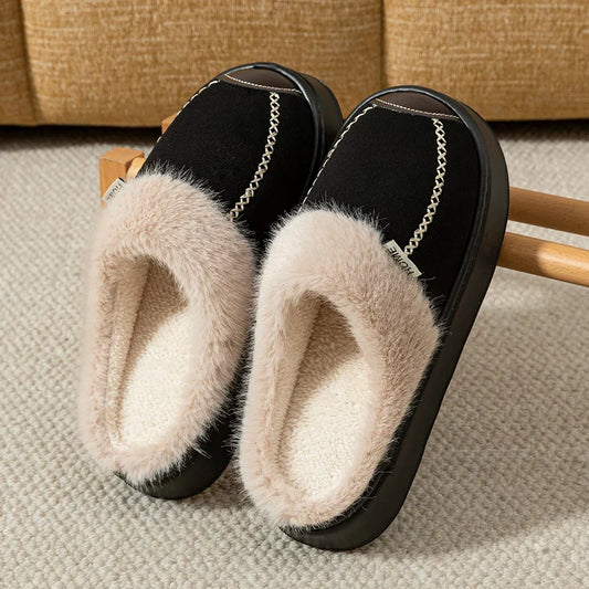 Women’s Fleece-Lined Platform Slippers – Plush-Trimmed Winter House Shoes with Contrast Stitching
