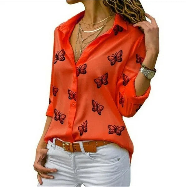 Women’s Butterfly-Print Button Shirt – Relaxed Three-Quarter Sleeve Style for Everyday Wear