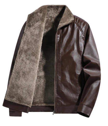 Men’s Fleece-Lined Leather Jacket – Retro Biker Outerwear with Warm Turn-Down Collar
