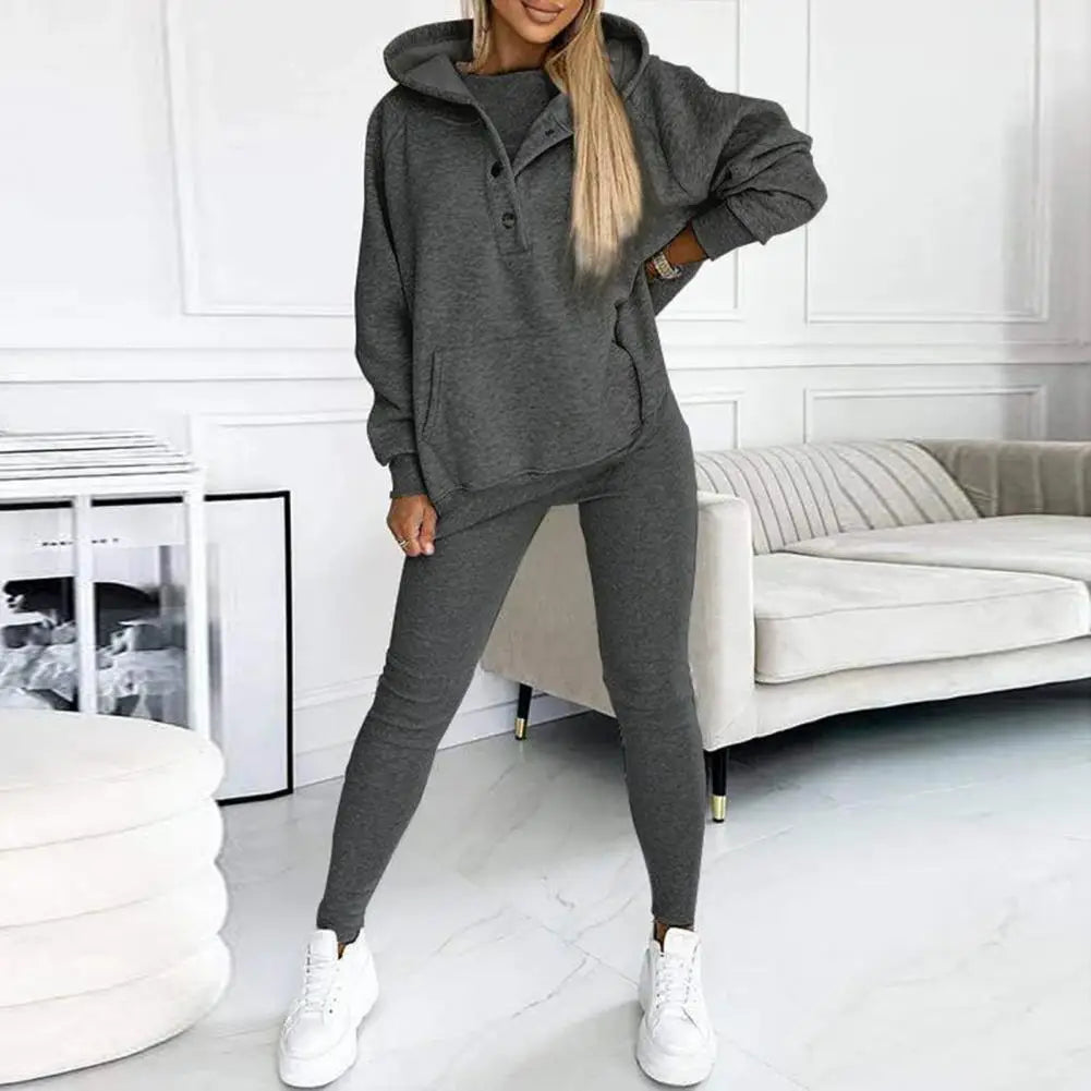 Women’s Button-Neck Hoodie and Leggings Set – Relaxed Two-Piece Casual Outfit