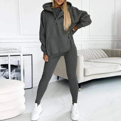 Women’s Button-Neck Hoodie and Leggings Set – Relaxed Two-Piece Casual Outfit