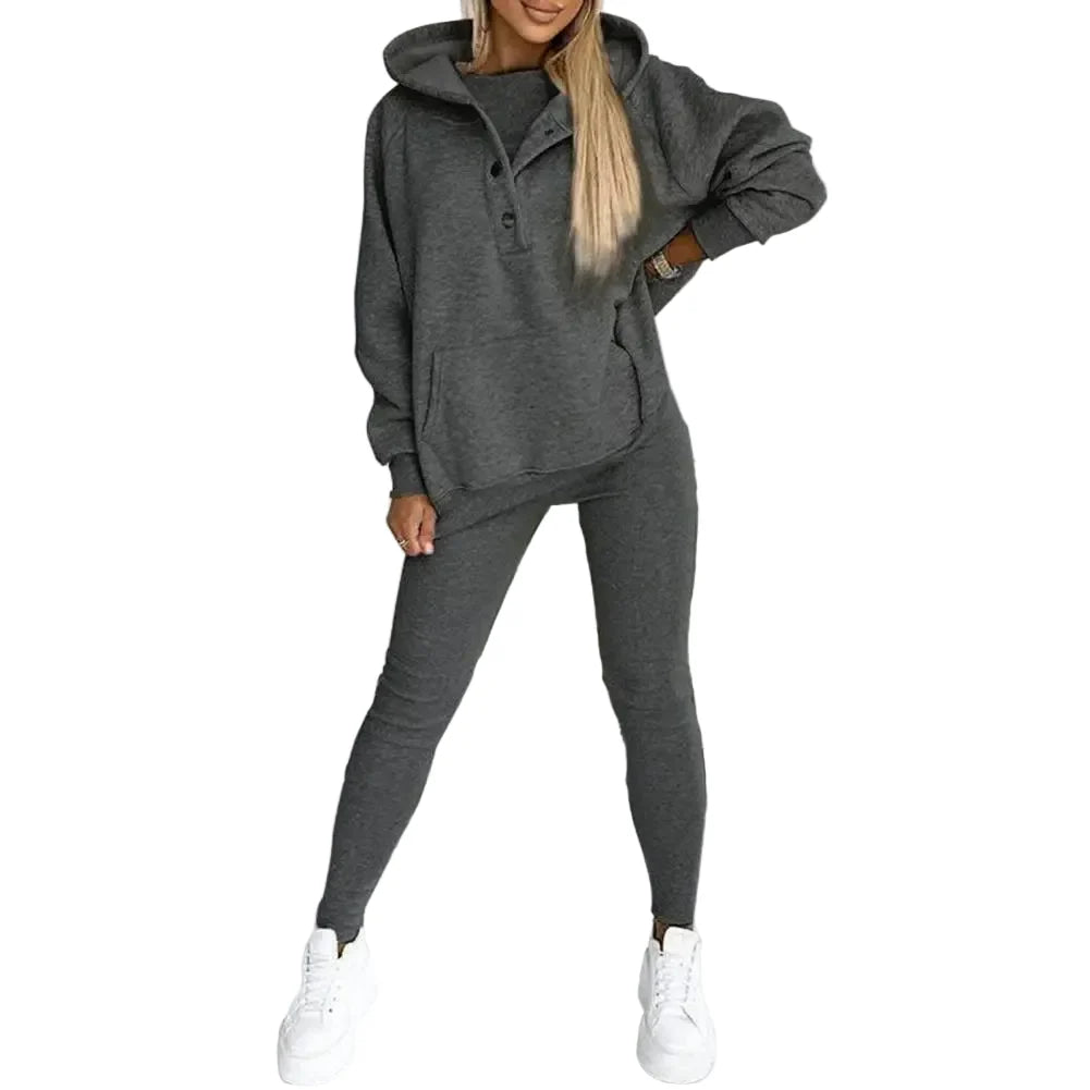 Women’s Three-Piece Lounge Set – Asymmetric Hooded Jacket with Tank Top and Slim Trousers for Casual Streetwear
