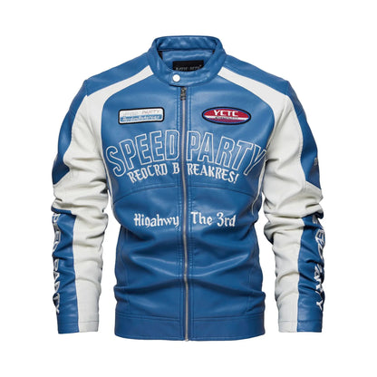 Men’s Embroidered Leather Biker Jacket – Racing-Inspired Zip-Up Design with Stand Collar