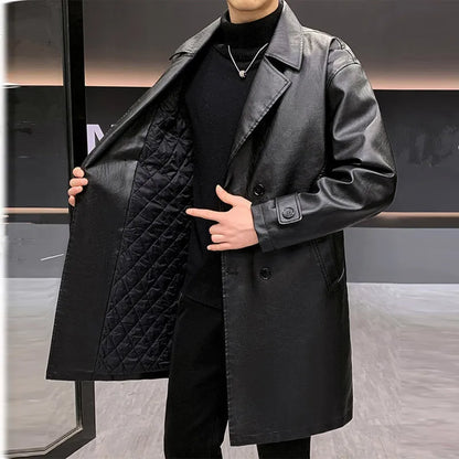 Men’s Long PU Leather Trench Coat – Quilted Winter Jacket with Classic Lapel Collar
