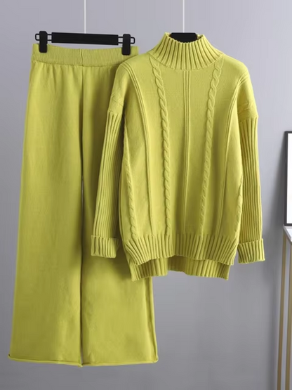 Women’s Ribbed Turtleneck Knit Set – Relaxed Long-Sleeve Jumper and Wide-Leg Trousers for Cold-Weather Wear