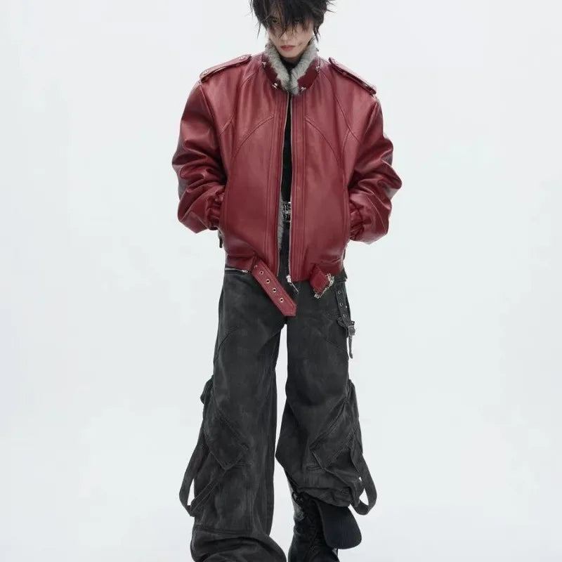 Men’s Faux-Leather Bomber Jacket – Fur-Trimmed Hooded Winter Coat with Buckled Hem Detail