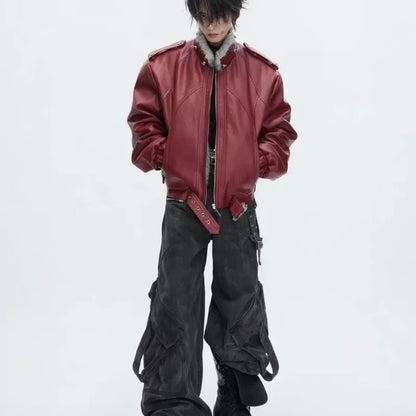 Men’s Faux-Leather Bomber Jacket – Fur-Trimmed Hooded Winter Coat with Buckled Hem Detail