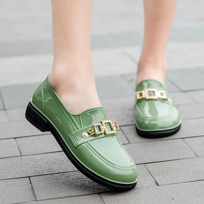 Women’s Waterproof Rain Loafers – Glossy Slip-On Shoes with Decorative Chain and Non-Slip Sole