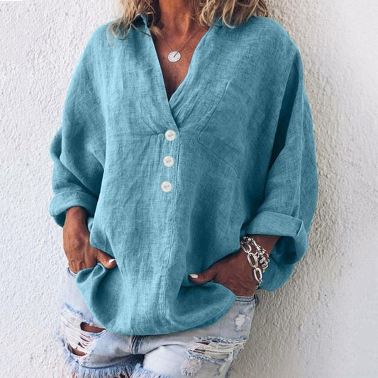 Women’s Relaxed Linen Blouse – Button-Front Batwing Style for Warm Everyday Wear