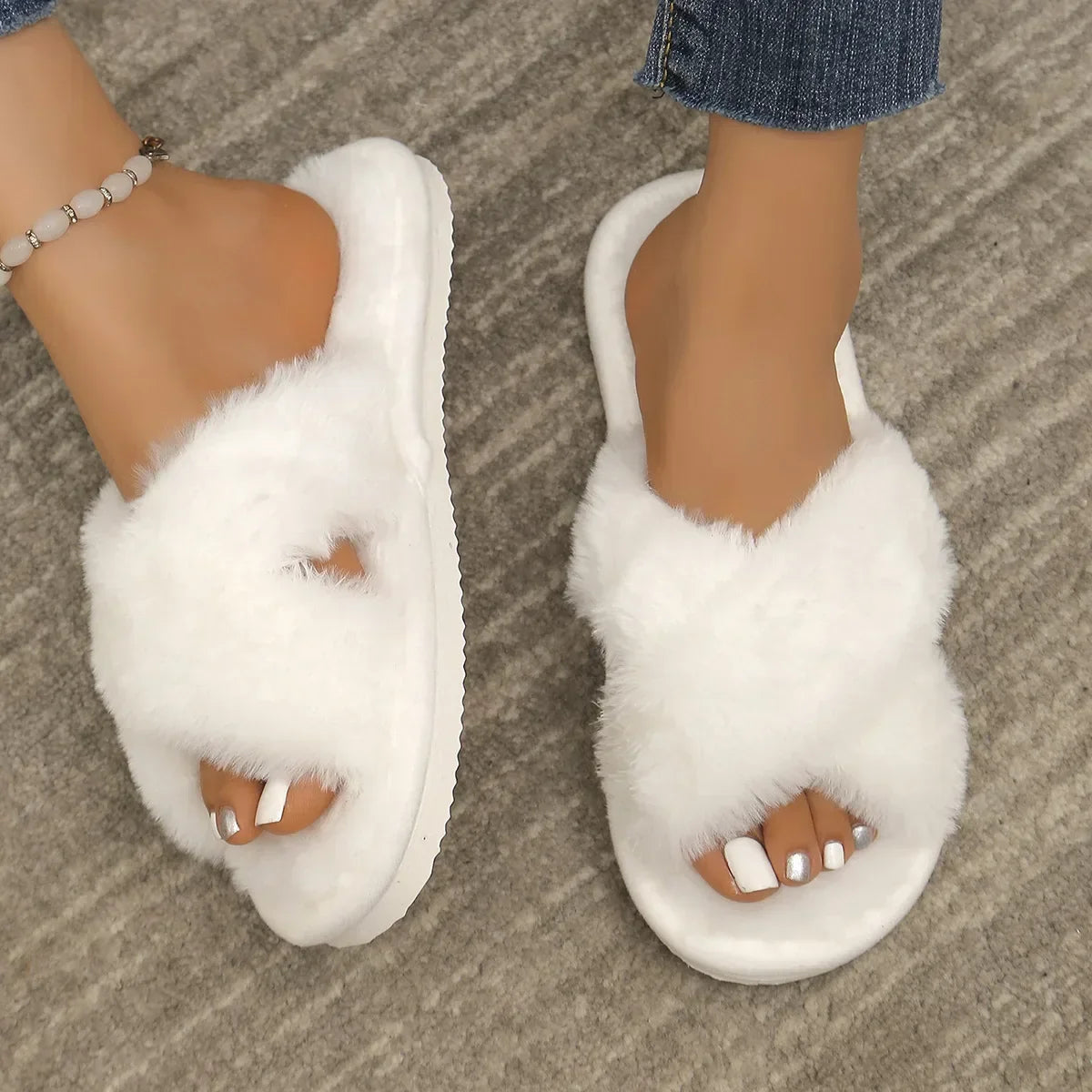 Women’s Plush Cross-Strap Slippers – Fluffy Open-Toe House Shoes with Lightweight Flat Soles