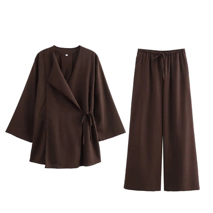 Women’s Linen Co-Ord Set – Kimono-Style Wrap Top with Wide-Leg Trousers for Effortless Spring Summer Wear