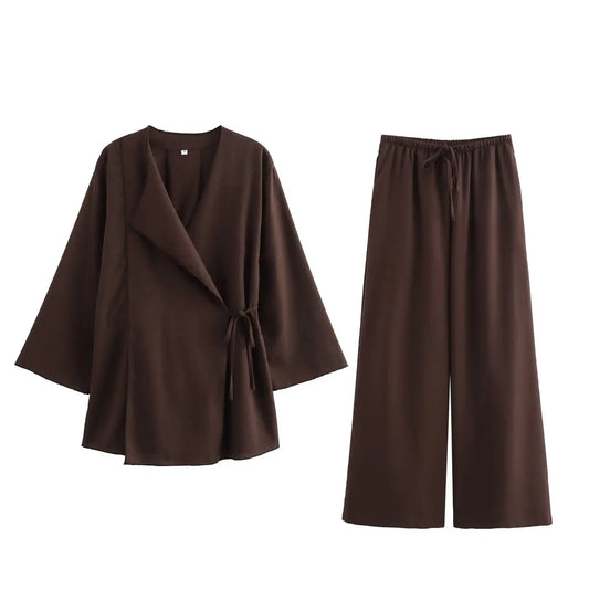 Women’s Linen Co-Ord Set – Kimono-Style Wrap Top with Wide-Leg Trousers for Effortless Spring Summer Wear