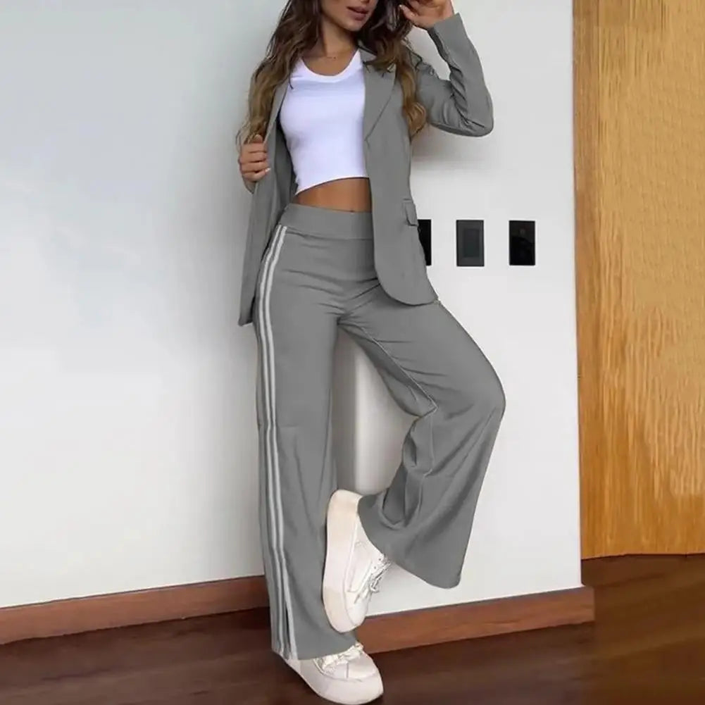 Women’s Tailored Blazer Trouser Set – Long-Sleeve Jacket with Wide-Leg Trousers for Smart Casual Wear