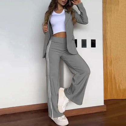 Women’s Tailored Blazer Trouser Set – Long-Sleeve Jacket with Wide-Leg Trousers for Smart Casual Wear