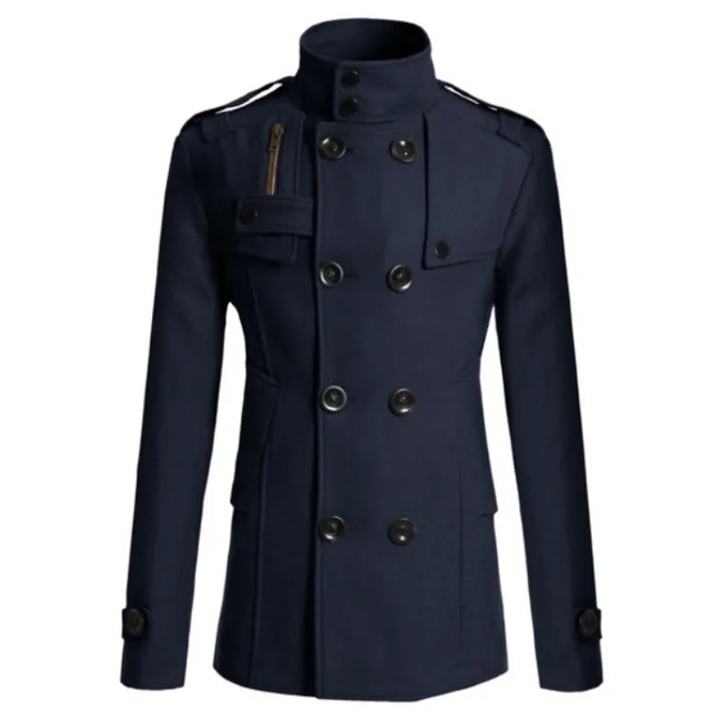 Men’s Double-Breasted Military Jacket – Structured Stand-Collar Coat with Epaulettes and Utility Pockets
