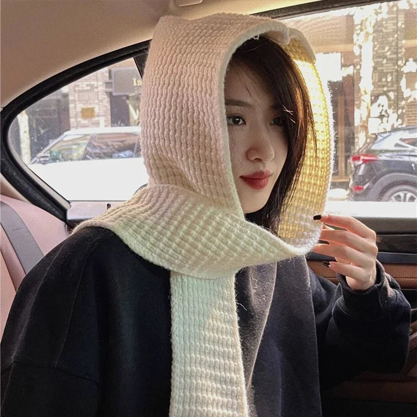 Women’s Thick Knitted Hooded Scarf – Warm Windproof Neck Wrap for Autumn and Winter Outdoor Wear