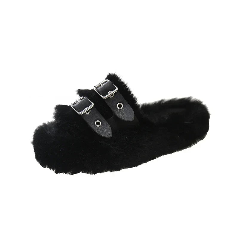 Women’s Faux-Fur Buckle Slippers – Plush Open-Toe Platform Slides with Double Adjustable Straps