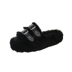 Women’s Faux-Fur Buckle Slippers – Plush Open-Toe Platform Slides with Double Adjustable Straps