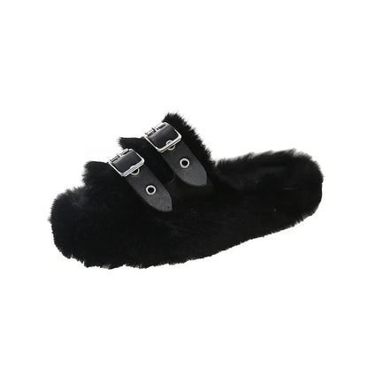 Women’s Faux-Fur Buckle Slippers – Plush Open-Toe Platform Slides with Double Adjustable Straps