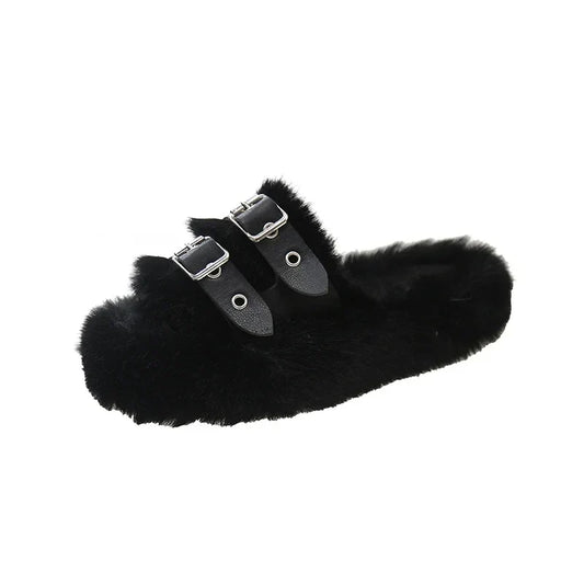 Women’s Faux-Fur Buckle Slippers – Plush Open-Toe Platform Slides with Double Adjustable Straps