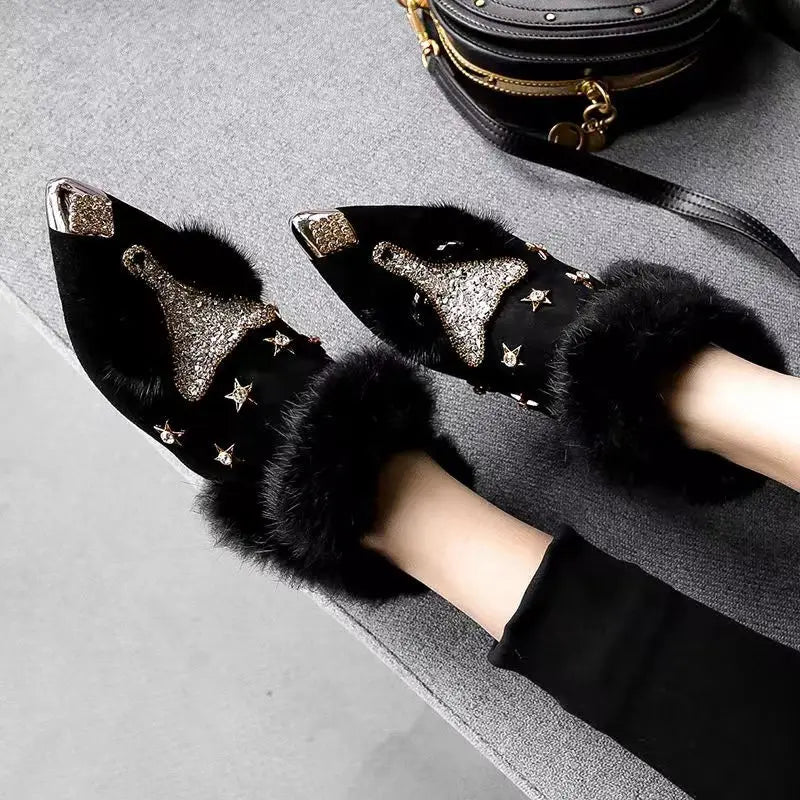 Women’s Faux-Fur Rhinestone Ankle Boots – Pointed-Toe Block-Heel Winter Boots for Evening Wear