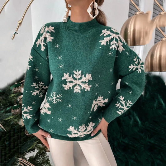 Women’s Festive Snowflake Sweater – Sparkling Relaxed Knit for Winter Celebrations