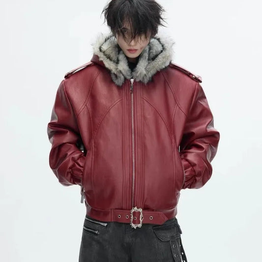 Men’s Faux-Leather Bomber Jacket – Fur-Trimmed Hooded Winter Coat with Buckled Hem Detail