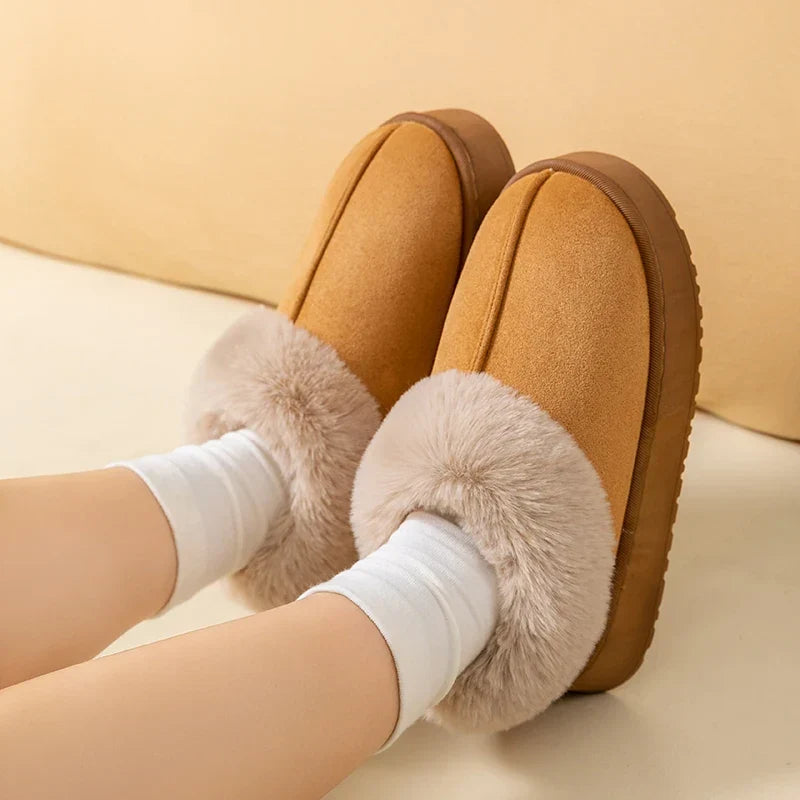 Women’s Plush-Lined Winter Slippers – Faux-Suede Platform Slip-On House Shoes with Fluffy Faux-Fur Trim