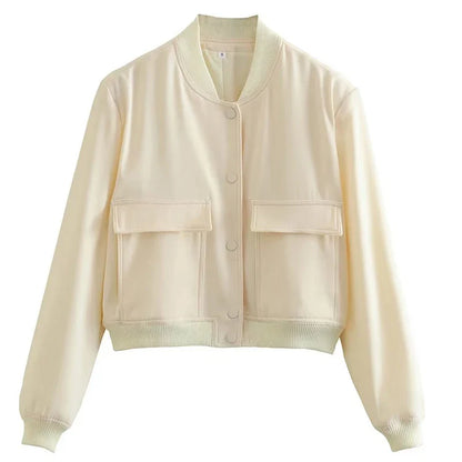 Women’s Relaxed Fit Bomber Jacket – Cropped Snap-Front Layer for Autumn and Winter Casual Wear