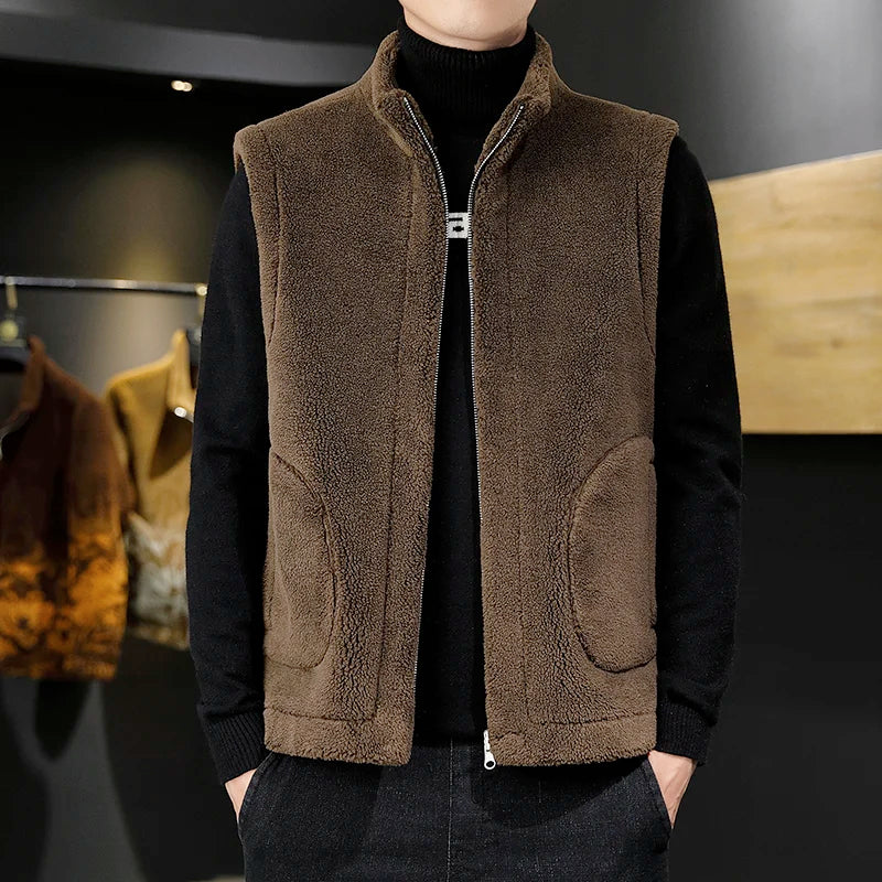 Men’s Sherpa Fleece Winter Vest – Reversible Stand-Collar Sleeveless Zip-Up Gilet for Warm Casual Layering
