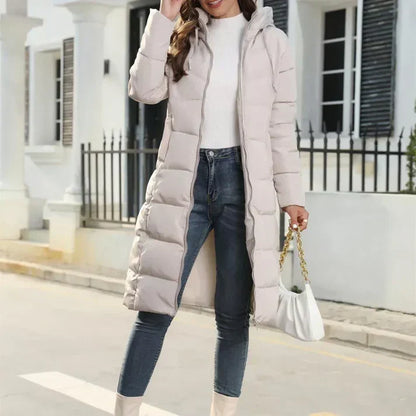 Women’s Hooded Long Puffer Coat – Streamlined Padded Layer for Winter City Wear
