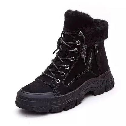Women’s Genuine Leather Plush-Lined Snow Boots – Lace-Up Chunky Sole Winter Ankle Boots with Anti-Slip Tread